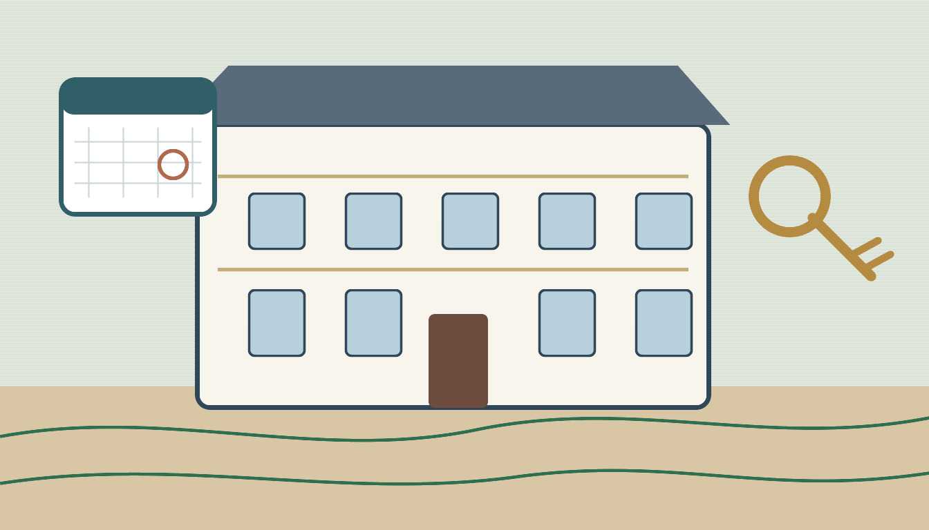 Illustration d'un immeuble bourgeois avec clés et calendrier de location saisonnière