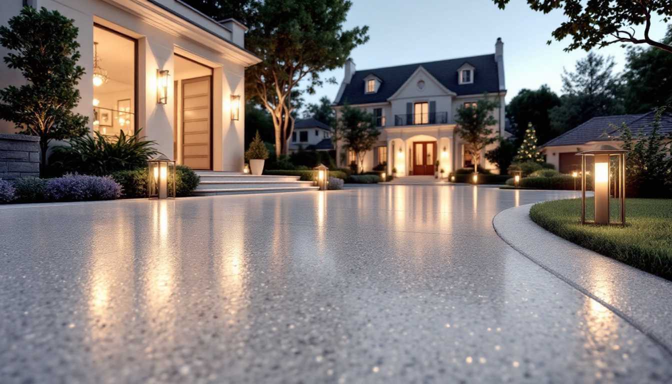 Allée extérieure en revêtement minéral devant une maison pour estimer un prix Daniel Moquet au m²