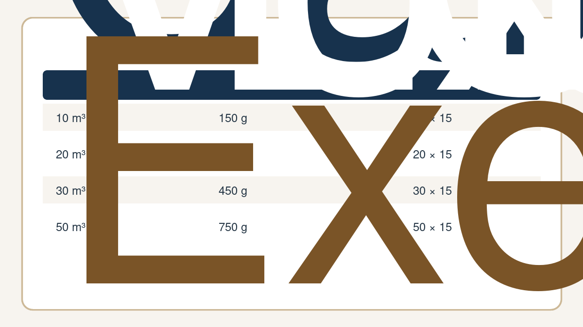 Tableau de calcul d’un exemple de dosage de chlore choc par volume de piscine